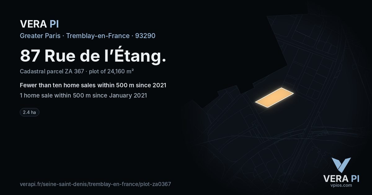 87 Rue de l’Étang, Tremblay-en-France at night – the plot lit, the parcels around coloured by the prices near them
