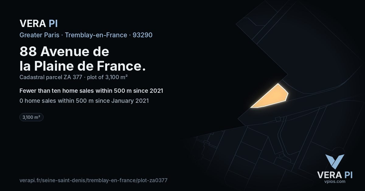 88 Avenue de la Plaine de France, Tremblay-en-France at night – the plot lit, the parcels around coloured by the prices near them