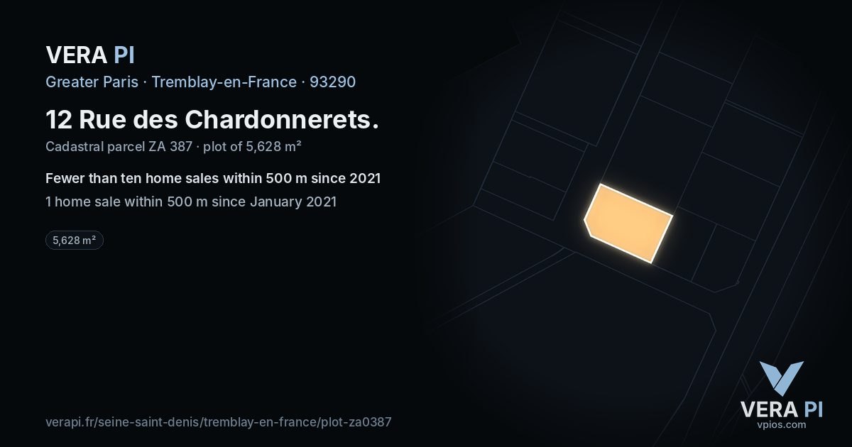 12 Rue des Chardonnerets, Tremblay-en-France at night – the plot lit, the parcels around coloured by the prices near them
