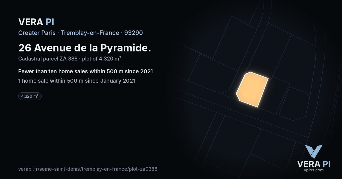 26 Avenue de la Pyramide, Tremblay-en-France at night – the plot lit, the parcels around coloured by the prices near them