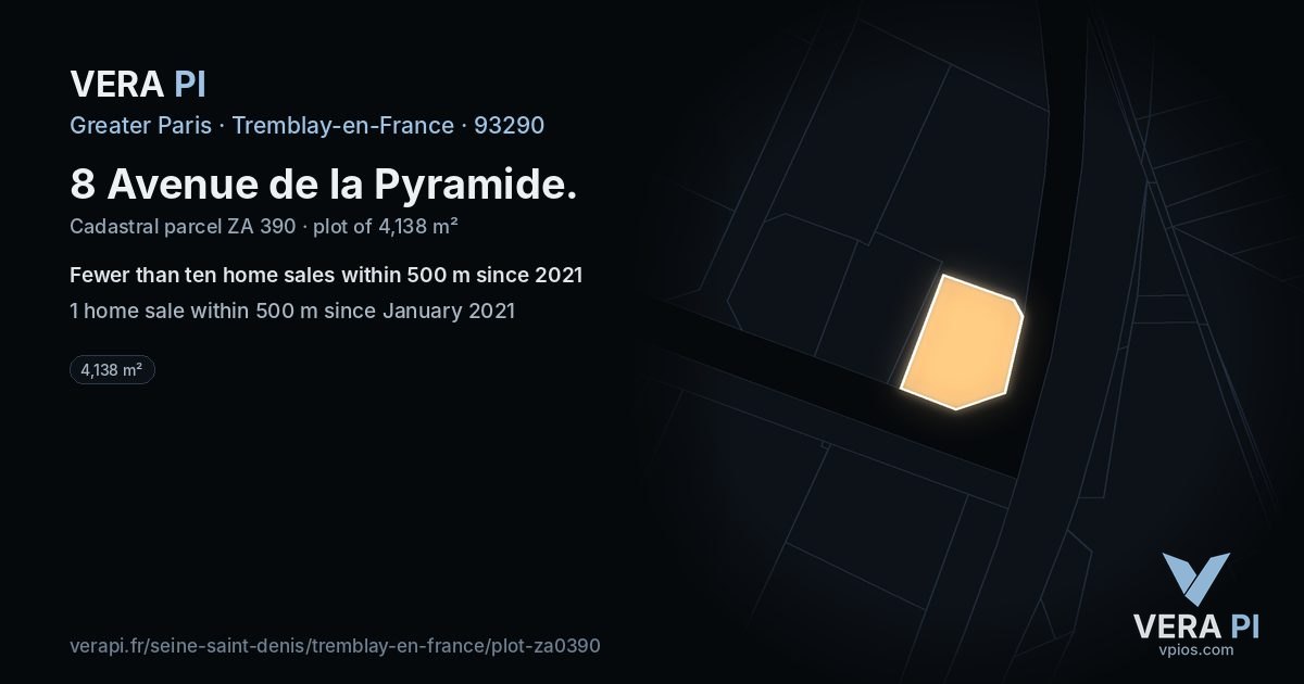 8 Avenue de la Pyramide, Tremblay-en-France at night – the plot lit, the parcels around coloured by the prices near them