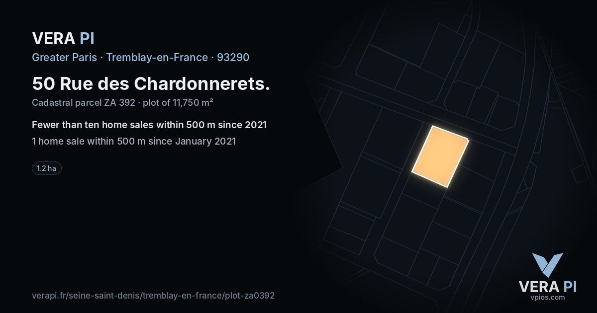50 Rue des Chardonnerets, Tremblay-en-France at night – the plot lit, the parcels around coloured by the prices near them