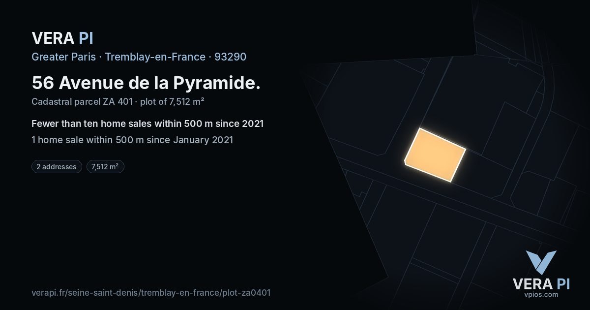 56 Avenue de la Pyramide, Tremblay-en-France at night – the plot lit, the parcels around coloured by the prices near them