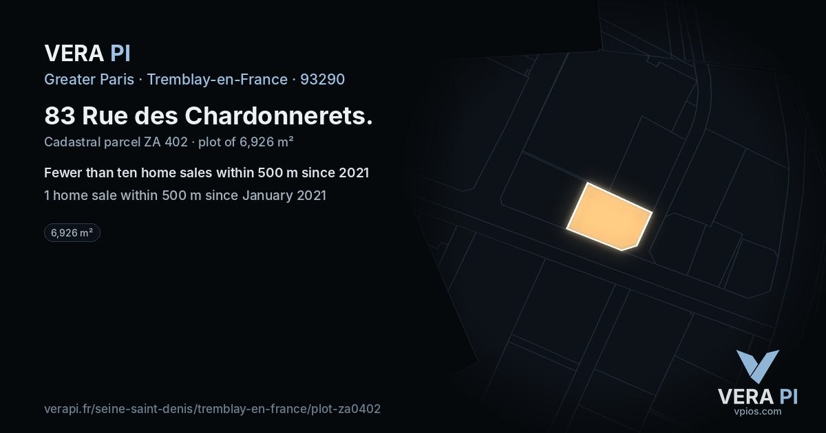 83 Rue des Chardonnerets, Tremblay-en-France at night – the plot lit, the parcels around coloured by the prices near them
