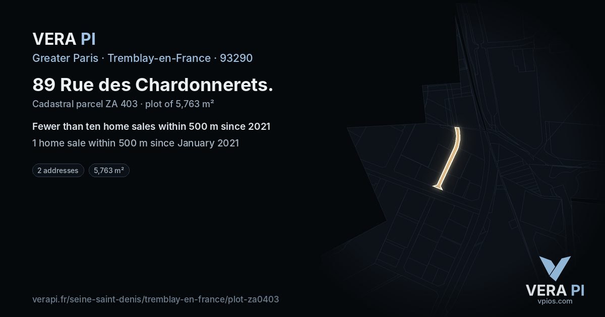 89 Rue des Chardonnerets, Tremblay-en-France at night – the plot lit, the parcels around coloured by the prices near them