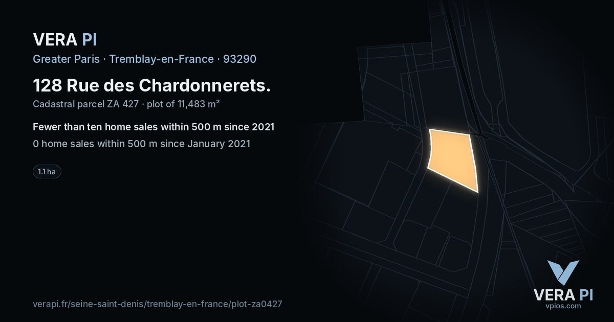 128 Rue des Chardonnerets, Tremblay-en-France at night – the plot lit, the parcels around coloured by the prices near them