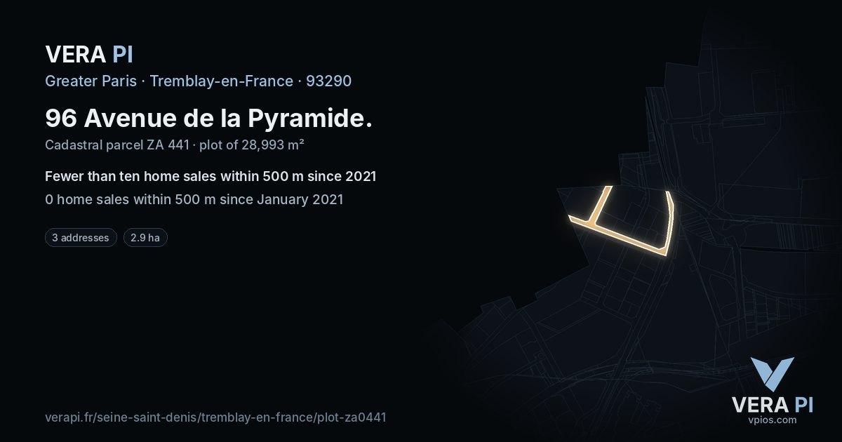 96 Avenue de la Pyramide, Tremblay-en-France at night – the plot lit, the parcels around coloured by the prices near them