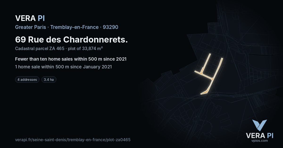 69 Rue des Chardonnerets, Tremblay-en-France at night – the plot lit, the parcels around coloured by the prices near them