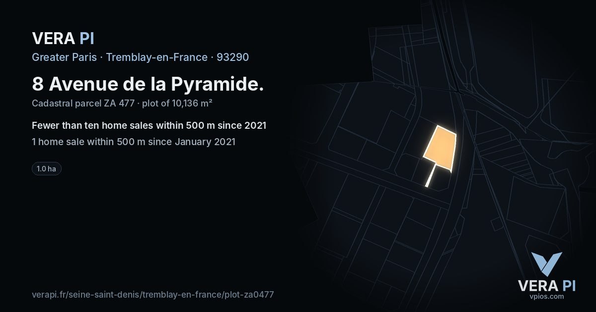 8 Avenue de la Pyramide, Tremblay-en-France at night – the plot lit, the parcels around coloured by the prices near them