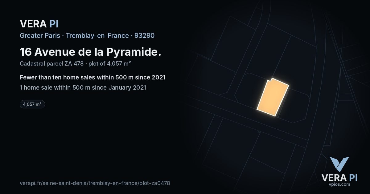 16 Avenue de la Pyramide, Tremblay-en-France at night – the plot lit, the parcels around coloured by the prices near them