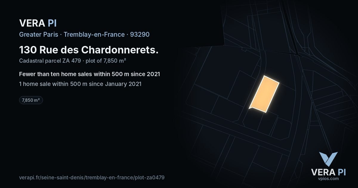 130 Rue des Chardonnerets, Tremblay-en-France at night – the plot lit, the parcels around coloured by the prices near them