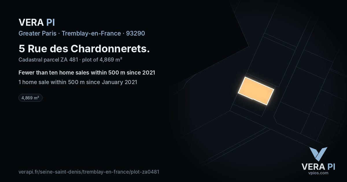 5 Rue des Chardonnerets, Tremblay-en-France at night – the plot lit, the parcels around coloured by the prices near them