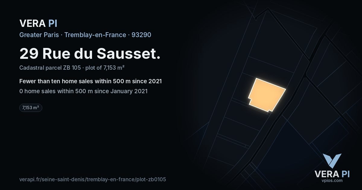 29 Rue du Sausset, Tremblay-en-France at night – the plot lit, the parcels around coloured by the prices near them