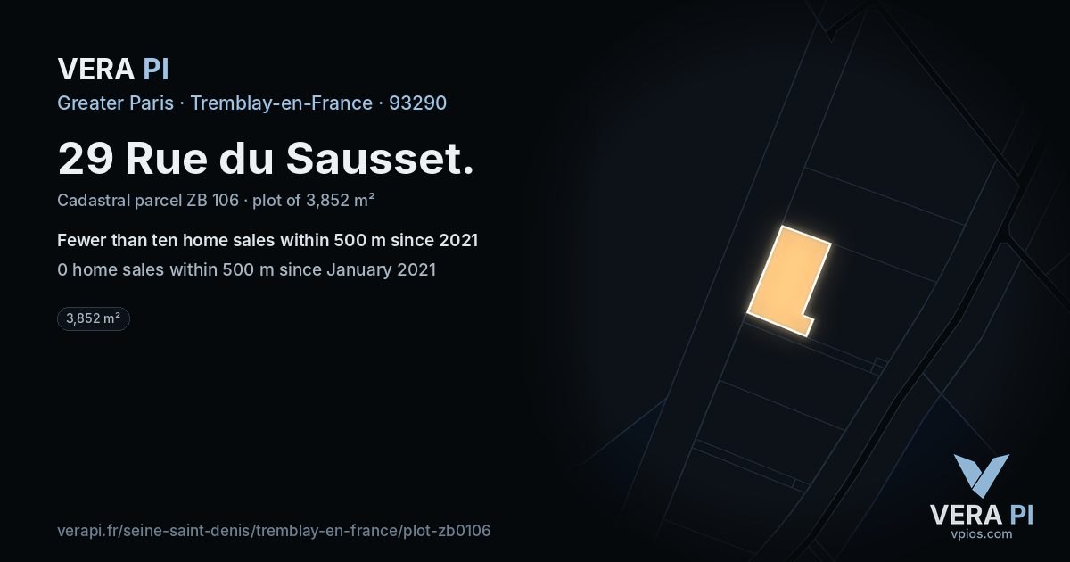 29 Rue du Sausset, Tremblay-en-France at night – the plot lit, the parcels around coloured by the prices near them