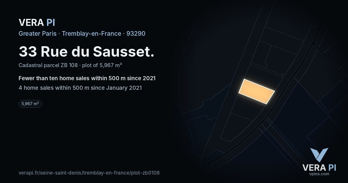 33 Rue du Sausset, Tremblay-en-France at night – the plot lit, the parcels around coloured by the prices near them