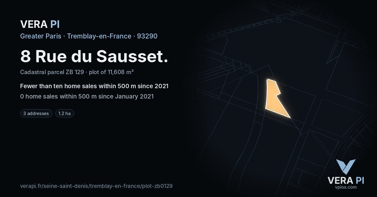 8 Rue du Sausset, Tremblay-en-France at night – the plot lit, the parcels around coloured by the prices near them