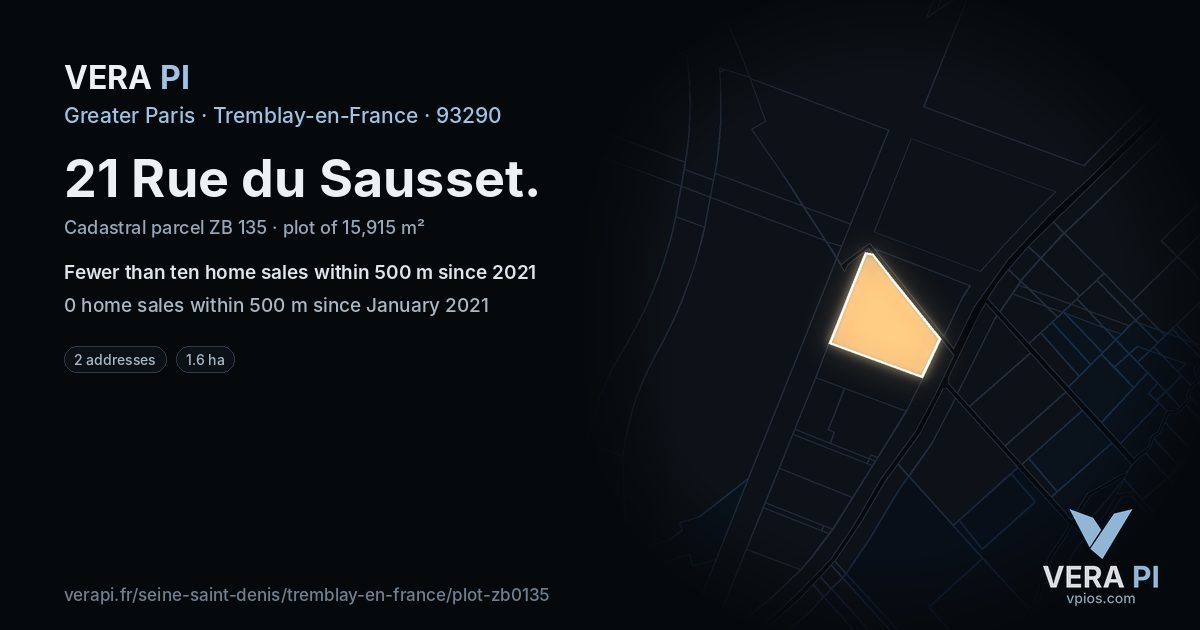 21 Rue du Sausset, Tremblay-en-France at night – the plot lit, the parcels around coloured by the prices near them