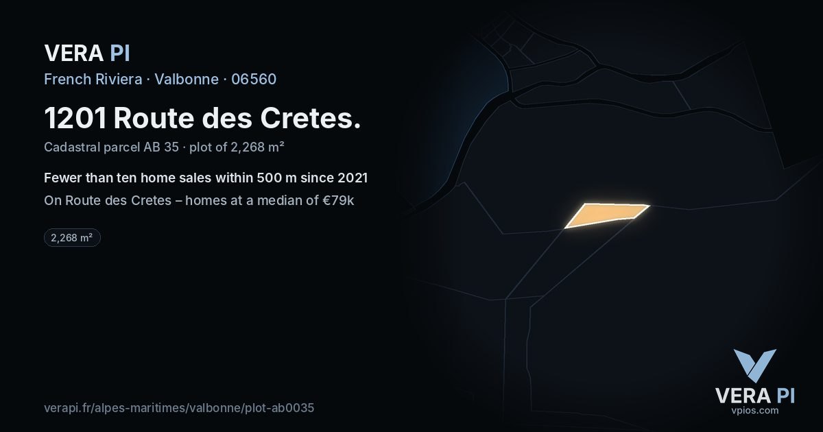 1201 Route des Cretes, Valbonne at night – the plot lit, the parcels around coloured by the prices near them