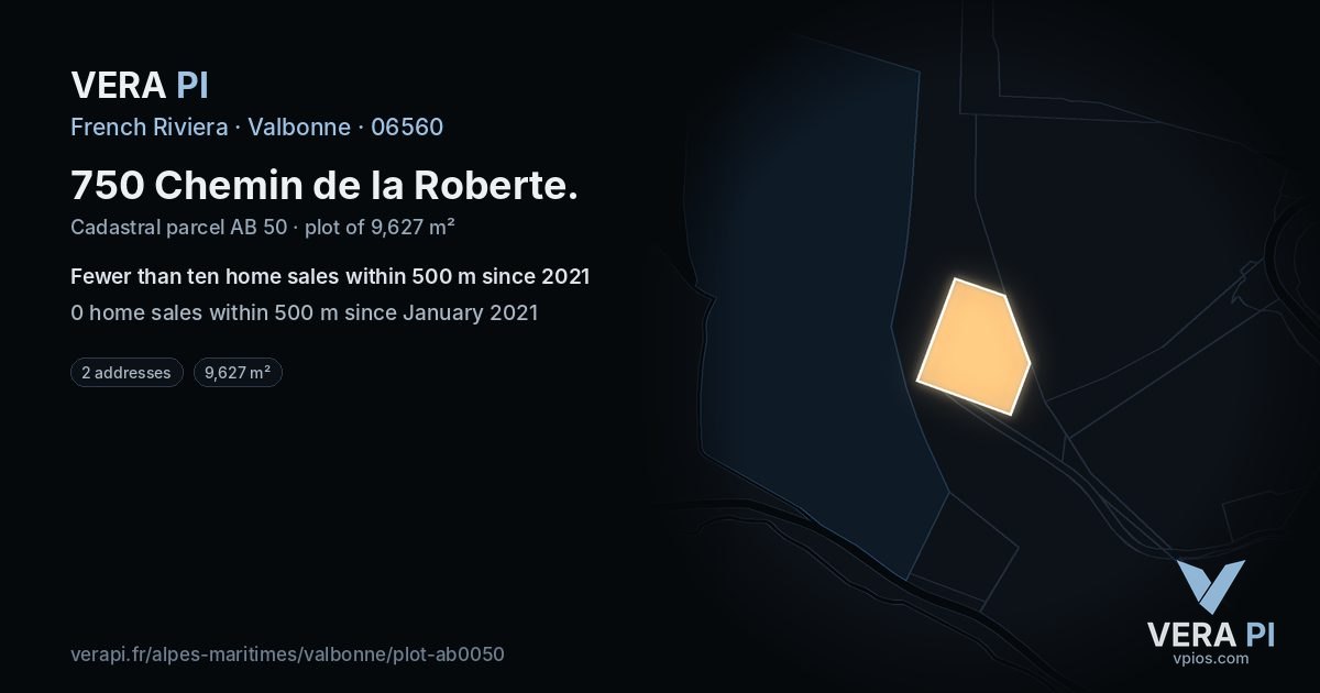 750 Chemin de la Roberte, Valbonne at night – the plot lit, the parcels around coloured by the prices near them