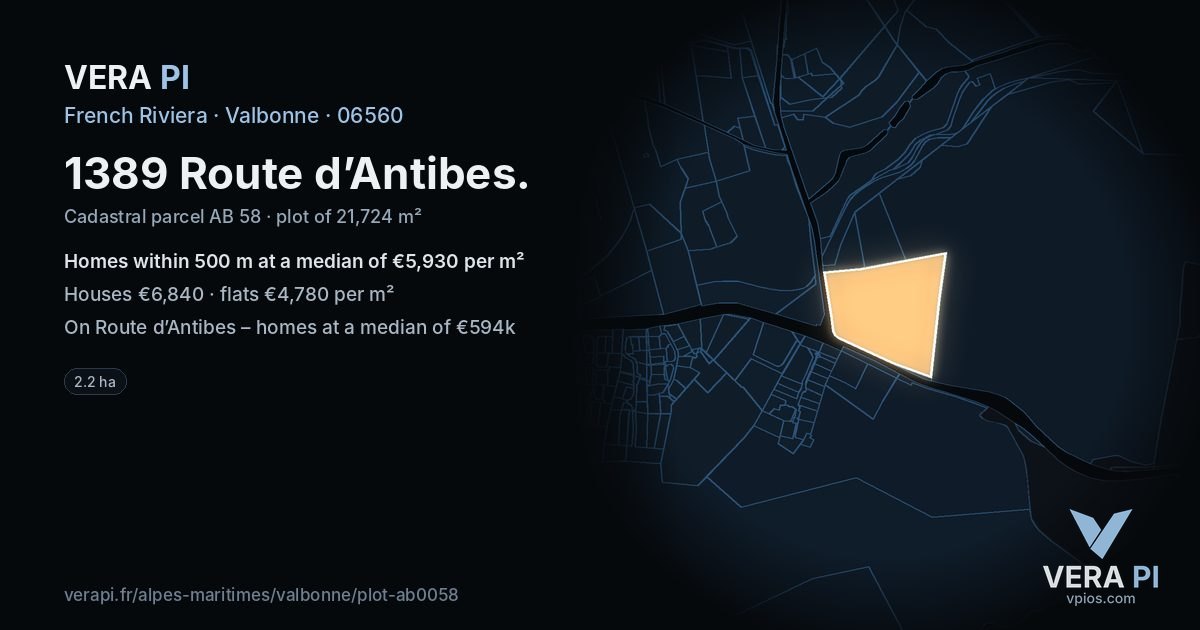 1389 Route d’Antibes, Valbonne at night – the plot lit, the parcels around coloured by the prices near them