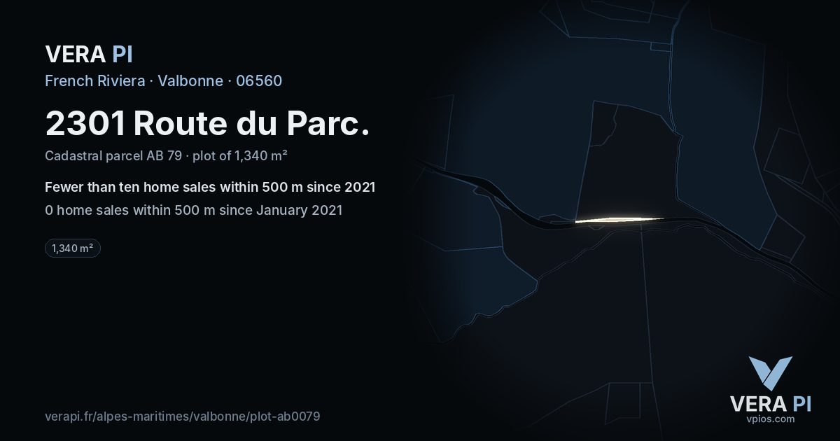 2301 Route du Parc, Valbonne at night – the plot lit, the parcels around coloured by the prices near them