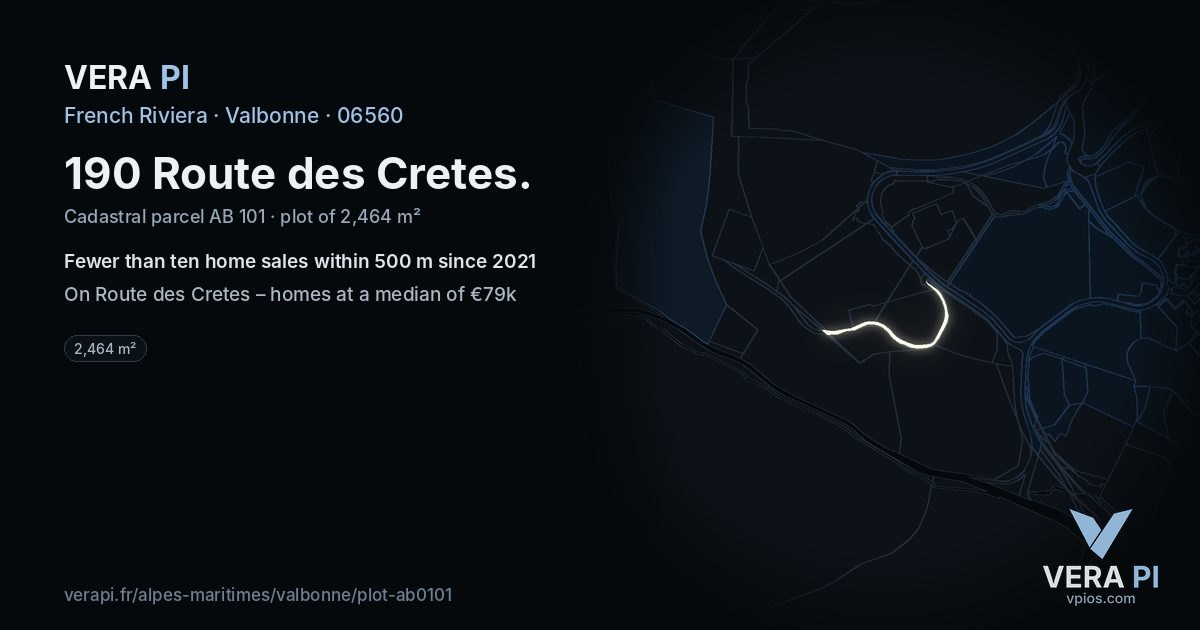 190 Route des Cretes, Valbonne at night – the plot lit, the parcels around coloured by the prices near them