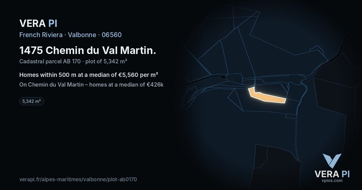 1475 Chemin du Val Martin, Valbonne at night – the plot lit, the parcels around coloured by the prices near them