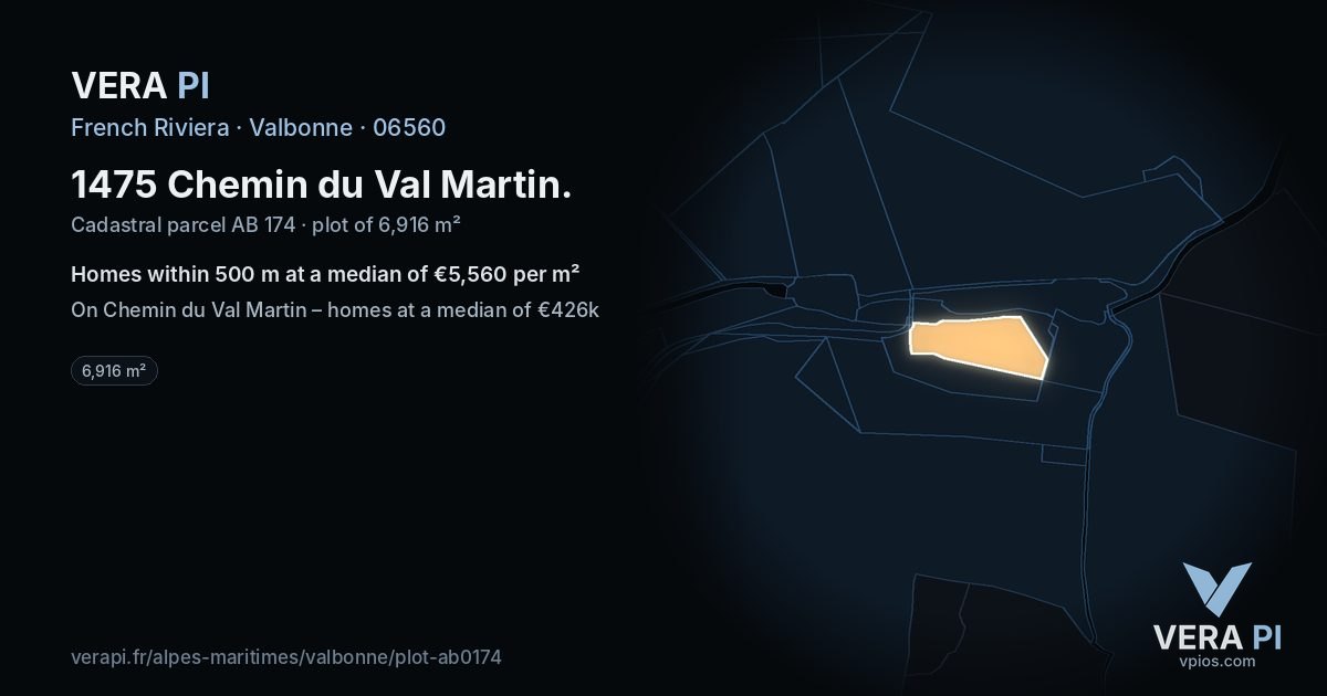 1475 Chemin du Val Martin, Valbonne at night – the plot lit, the parcels around coloured by the prices near them