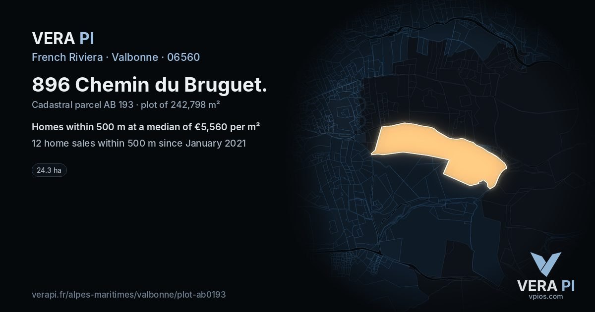 896 Chemin du Bruguet, Valbonne at night – the plot lit, the parcels around coloured by the prices near them