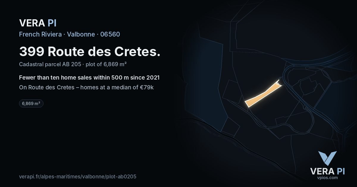 399 Route des Cretes, Valbonne at night – the plot lit, the parcels around coloured by the prices near them