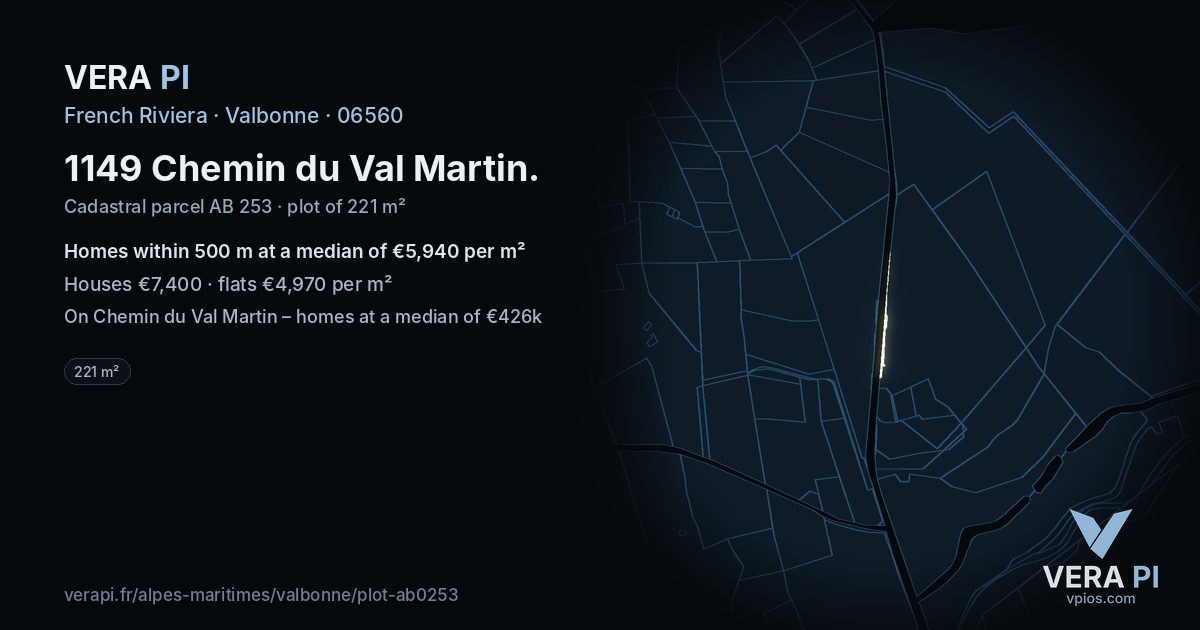1149 Chemin du Val Martin, Valbonne at night – the plot lit, the parcels around coloured by the prices near them