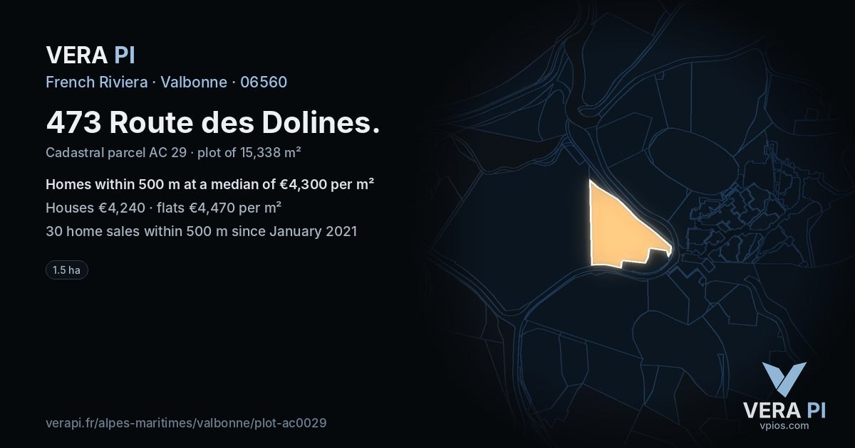 473 Route des Dolines, Valbonne at night – the plot lit, the parcels around coloured by the prices near them
