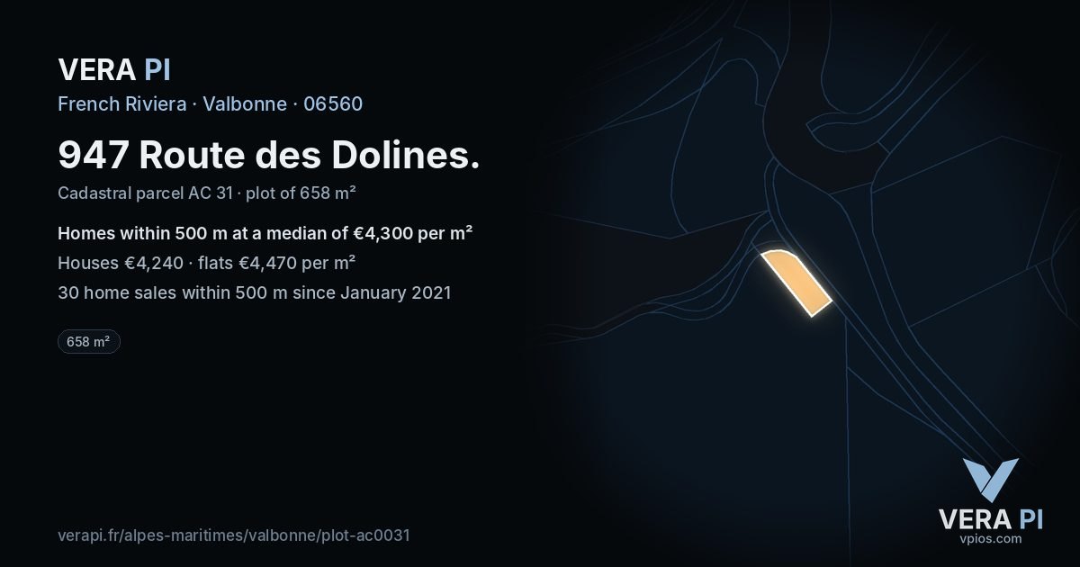 947 Route des Dolines, Valbonne at night – the plot lit, the parcels around coloured by the prices near them