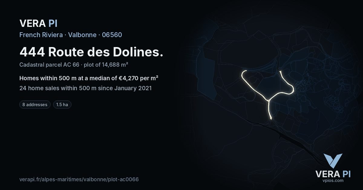 444 Route des Dolines, Valbonne at night – the plot lit, the parcels around coloured by the prices near them