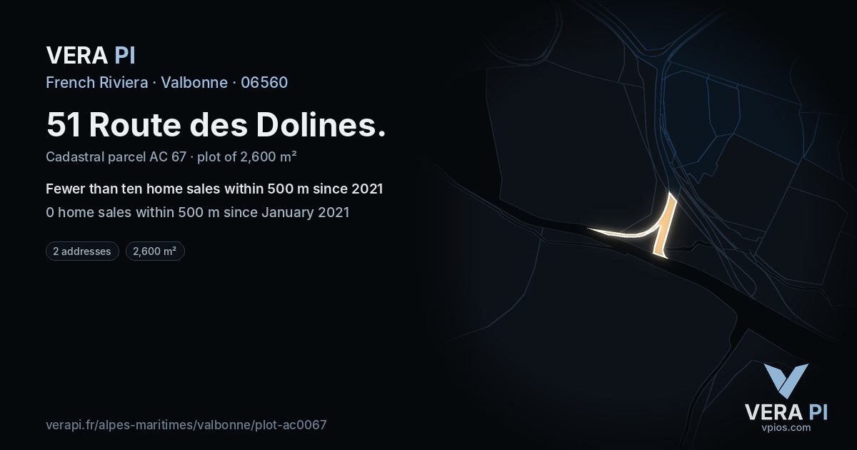 51 Route des Dolines, Valbonne at night – the plot lit, the parcels around coloured by the prices near them