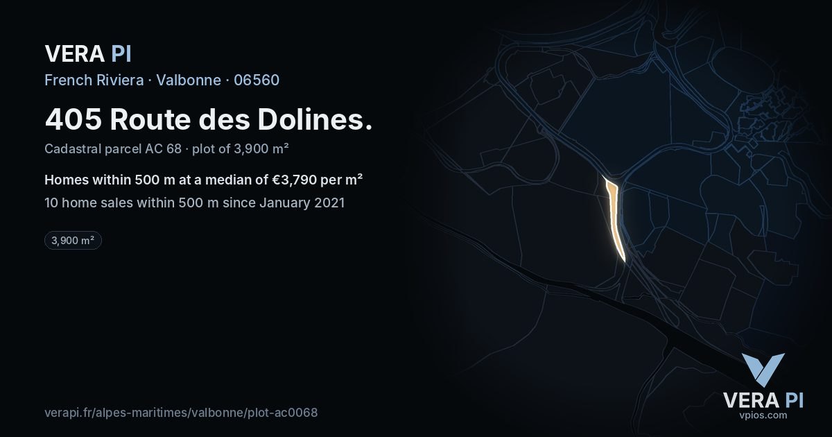 405 Route des Dolines, Valbonne at night – the plot lit, the parcels around coloured by the prices near them