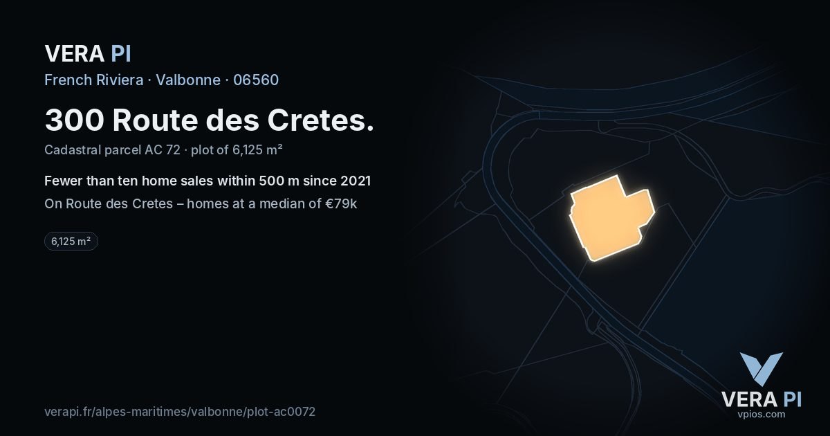 300 Route des Cretes, Valbonne at night – the plot lit, the parcels around coloured by the prices near them