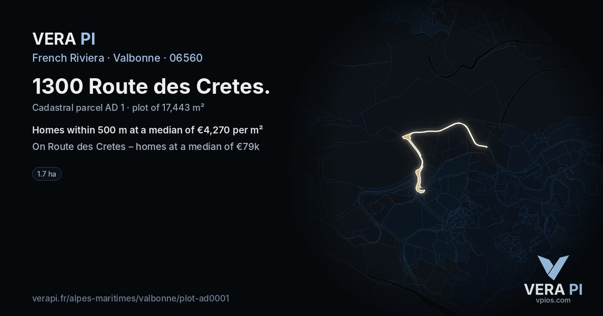 1300 Route des Cretes, Valbonne at night – the plot lit, the parcels around coloured by the prices near them