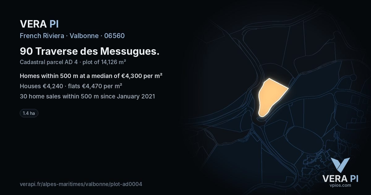 90 Traverse des Messugues, Valbonne at night – the plot lit, the parcels around coloured by the prices near them
