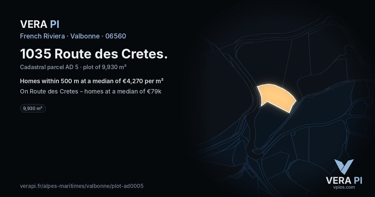 1035 Route des Cretes, Valbonne at night – the plot lit, the parcels around coloured by the prices near them