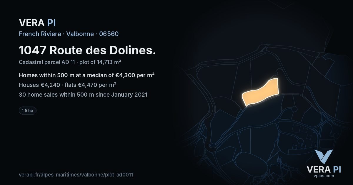 1047 Route des Dolines, Valbonne at night – the plot lit, the parcels around coloured by the prices near them