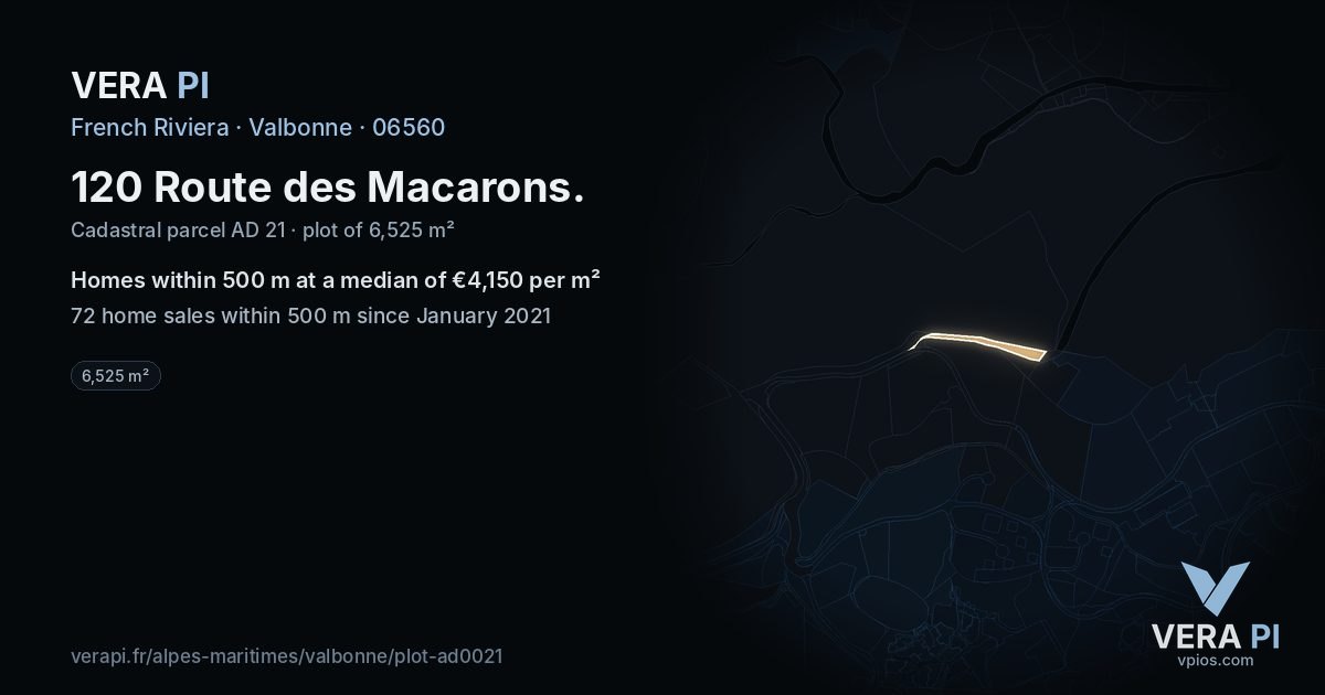 120 Route des Macarons, Valbonne at night – the plot lit, the parcels around coloured by the prices near them