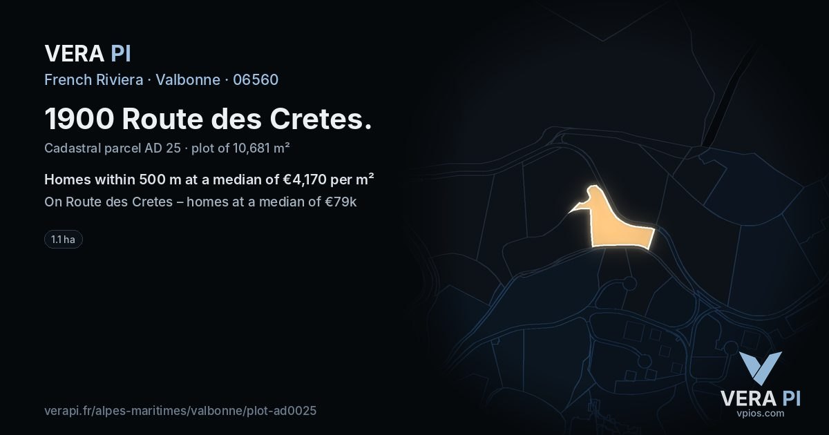 1900 Route des Cretes, Valbonne at night – the plot lit, the parcels around coloured by the prices near them