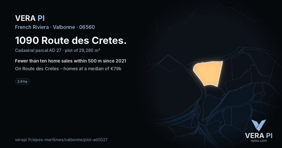 1090 Route des Cretes, Valbonne at night – the plot lit, the parcels around coloured by the prices near them