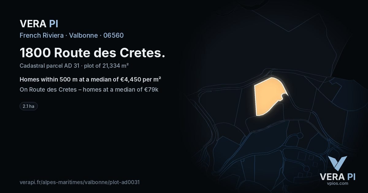 1800 Route des Cretes, Valbonne at night – the plot lit, the parcels around coloured by the prices near them