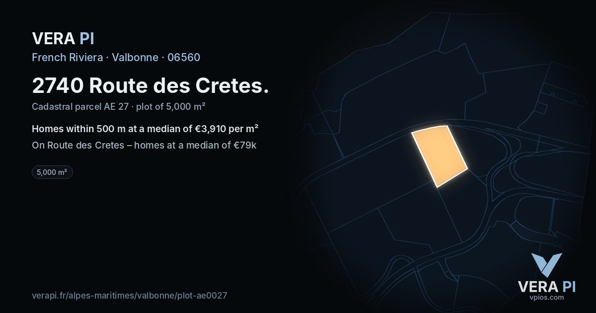 2740 Route des Cretes, Valbonne at night – the plot lit, the parcels around coloured by the prices near them