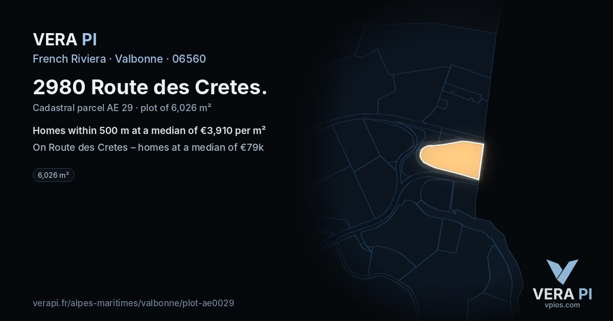 2980 Route des Cretes, Valbonne at night – the plot lit, the parcels around coloured by the prices near them