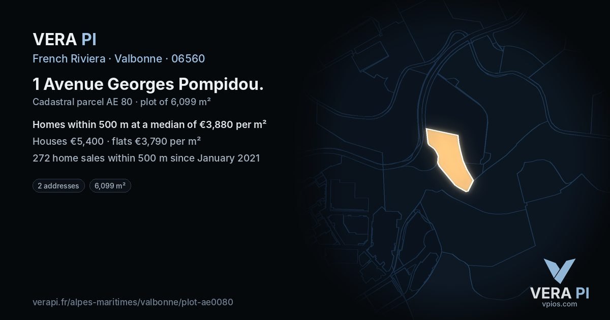 1 Avenue Georges Pompidou, Valbonne at night – the plot lit, the parcels around coloured by the prices near them