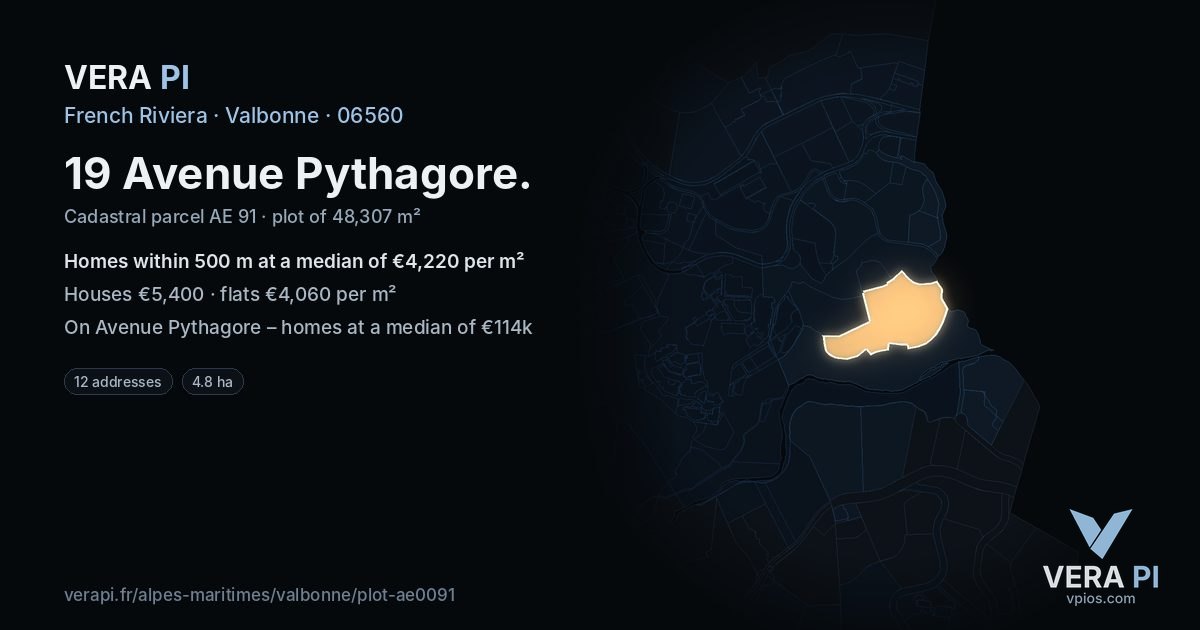 19 Avenue Pythagore, Valbonne at night – the plot lit, the parcels around coloured by the prices near them