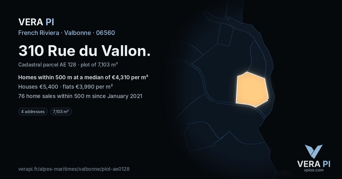 310 Rue du Vallon, Valbonne at night – the plot lit, the parcels around coloured by the prices near them